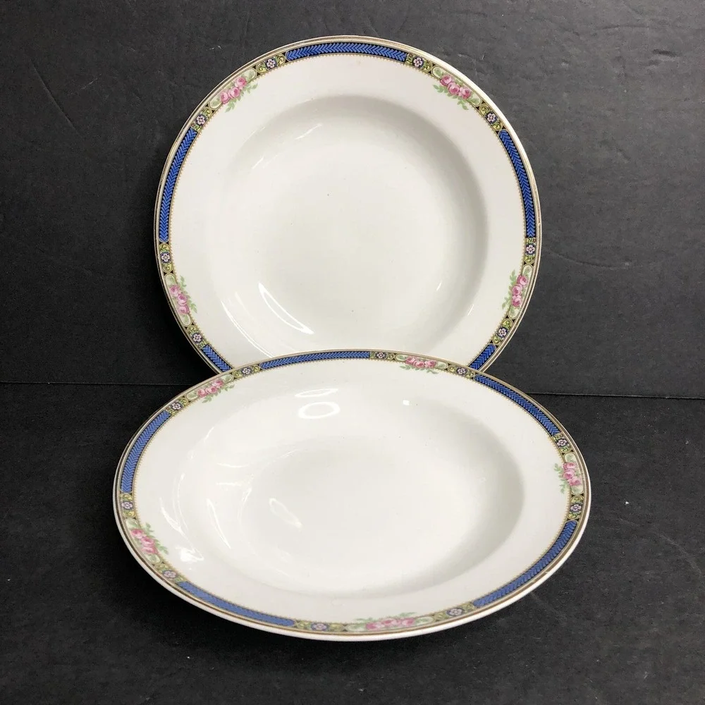 2 Steubenville Rimmed Soup Bowls Cobalt Blue Rim Pink Roses Vintage 8 3/4